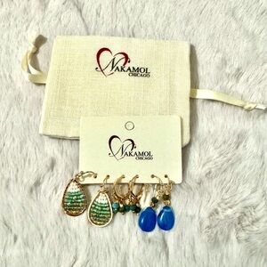 Nakamol Chicago Handmade beaded 3 Pairs of earrings Gold Tone NEW with Pouch